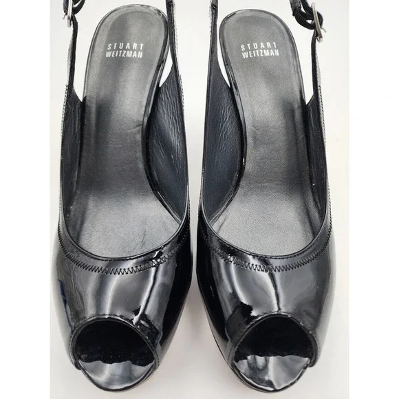Stuart Weitzman Black Patent Leather Peep Toes Strappy Heels Women's Size 9.5 M - Picture 7 of 15
